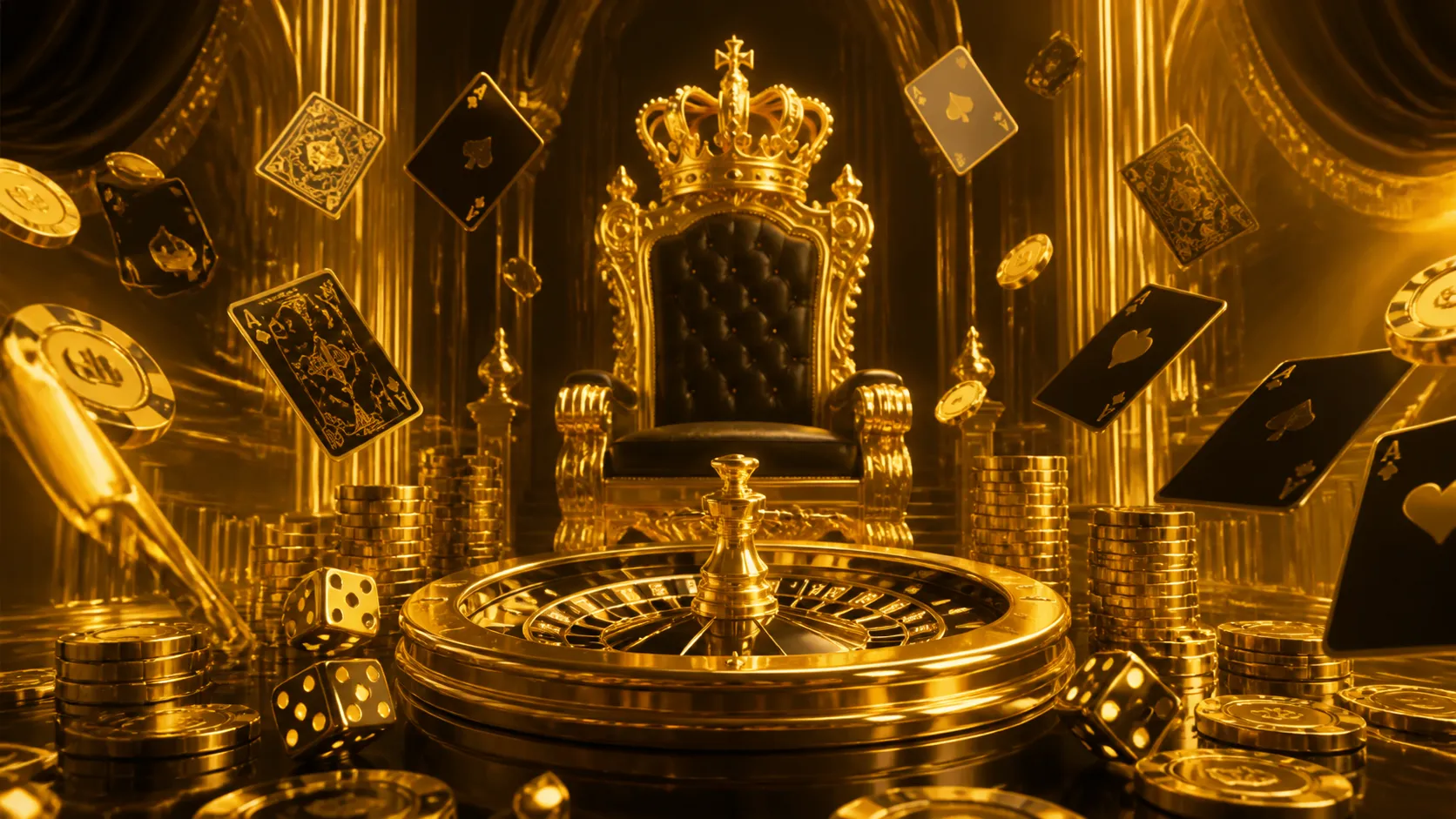 Glossy 3D isometric render of luxury casino elements with reflections, featuring poker chips, roulette wheel, and Kingia-them